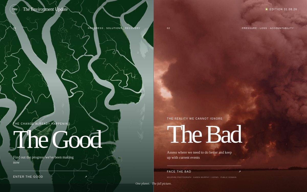 The Environment Update homepage, with a green landscape for The Good and a wildfire for The Bad.
