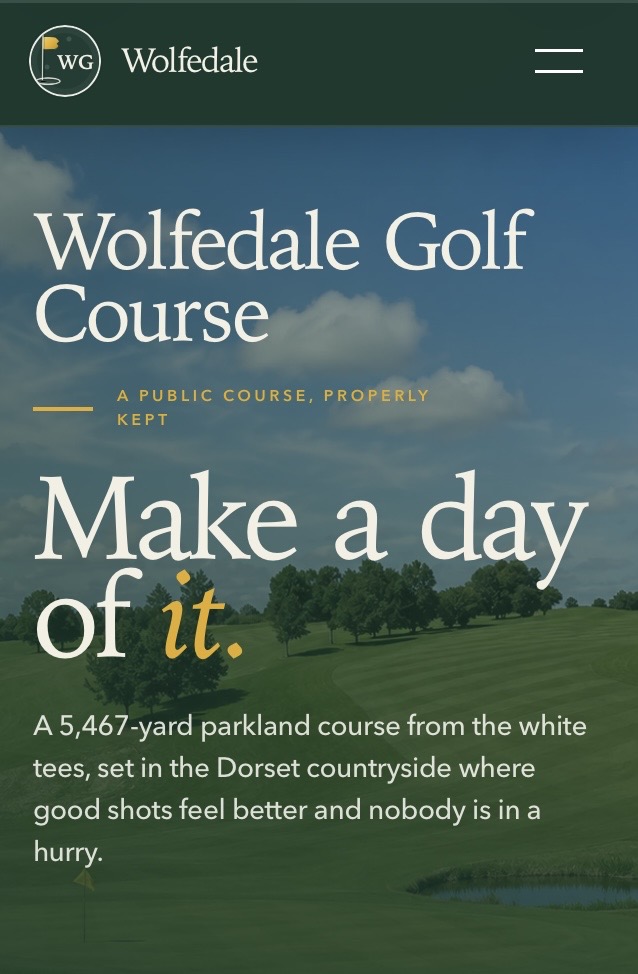 The Wolfedale Golf Course mobile homepage, featuring the course landscape and Make a day of it headline.